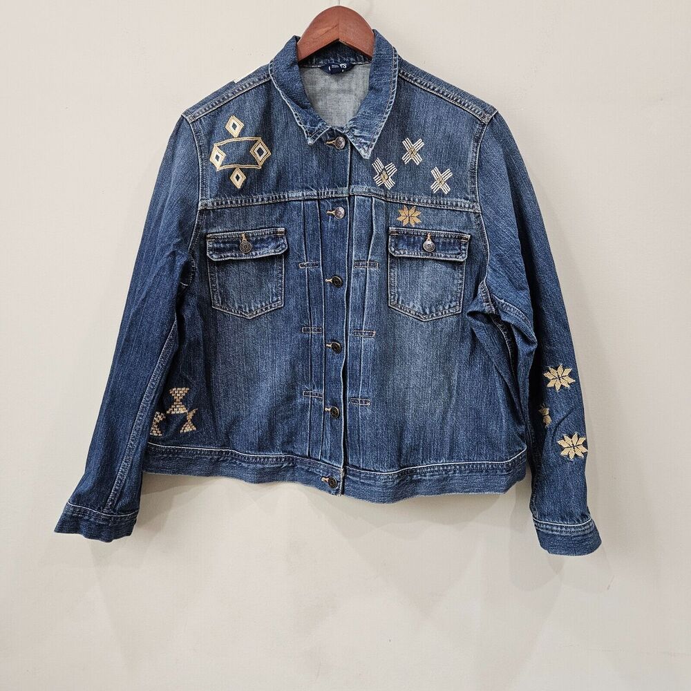 Chaps Womens Aztec Embroidered Jean Jacket Plus Size 2X Blue Denim Southwestern